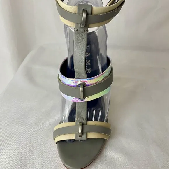 L.A.M.B. Stunning Metallic Iridescent Grey Ankle Buckle Stiletto Sandals 7.5 M