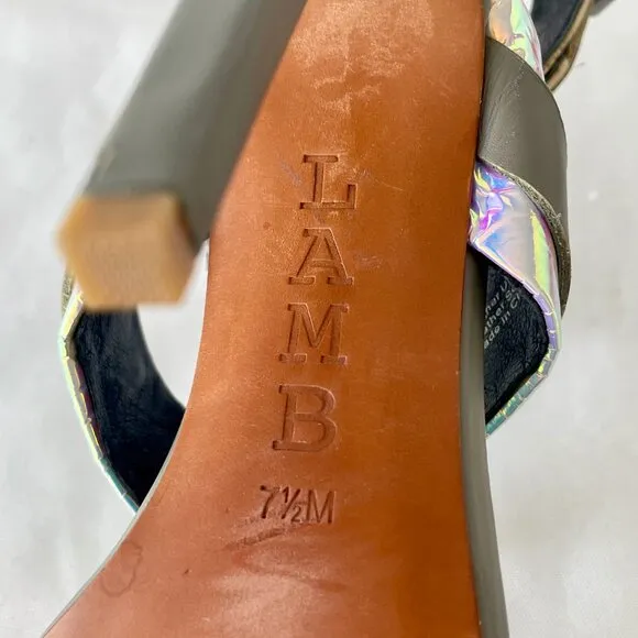 L.A.M.B. Stunning Metallic Iridescent Grey Ankle Buckle Stiletto Sandals 7.5 M