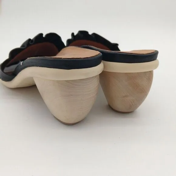 L'Amour Des Pieds Uriel Black Leather Sandals Size 6.5 Cuban Heel Ruffle Wood