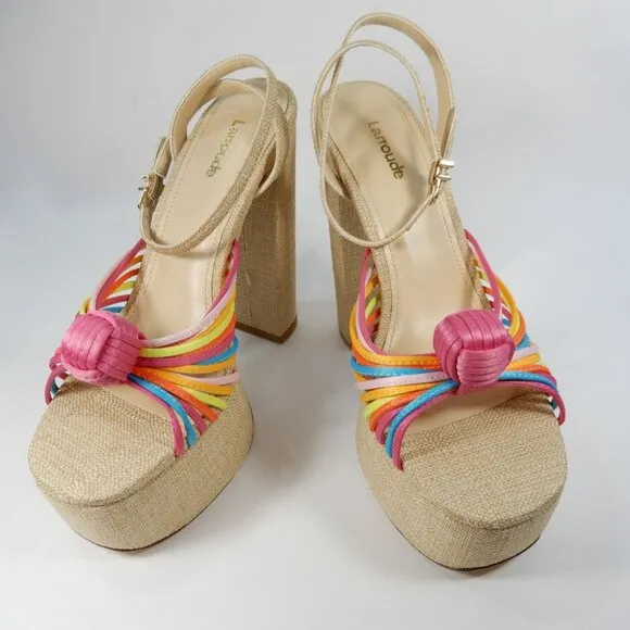 Larroude Valerie Knotted Satin Platform Sandals Sz 8.5 Multi 140MM Heel NEW $330