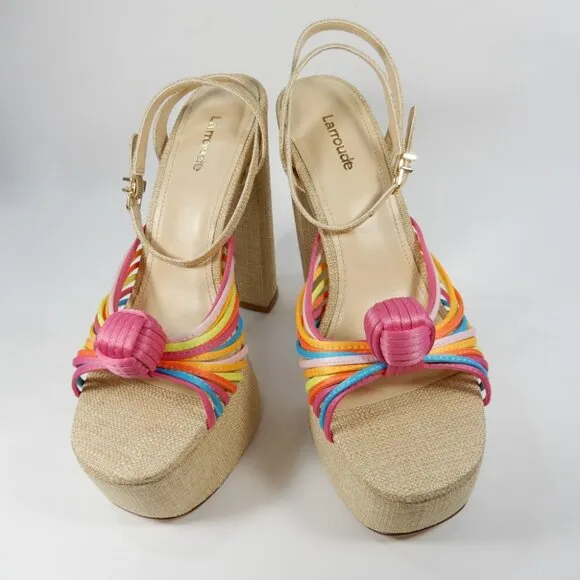 Larroude Valerie Knotted Satin Platform Sandals Sz 8.5 Multi 140MM Heel NEW $330