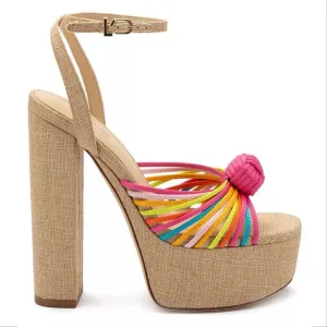 Larroude Valerie Knotted Satin Platform Sandals Sz 8.5 Multi 140MM Heel NEW $330
