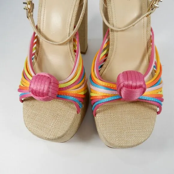 Larroude Valerie Knotted Satin Platform Sandals Sz 8.5 Multi 140MM Heel NEW $330