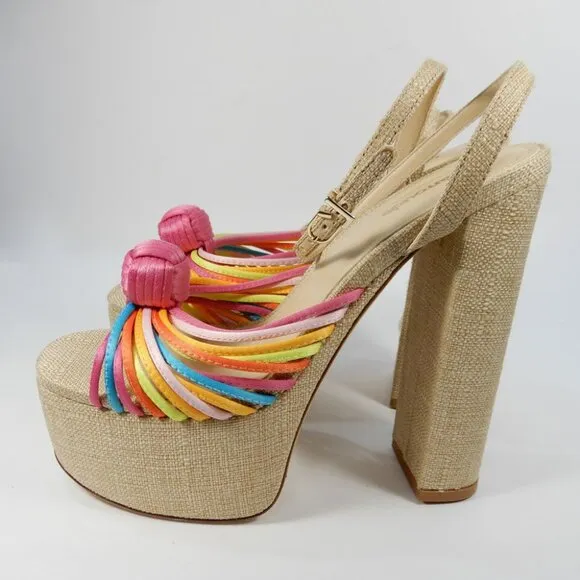 Larroude Valerie Knotted Satin Platform Sandals Sz 8.5 Multi 140MM Heel NEW $330