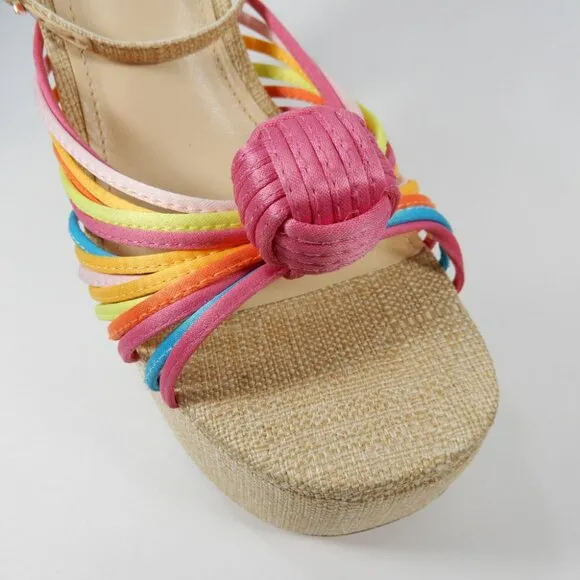 Larroude Valerie Knotted Satin Platform Sandals Sz 8.5 Multi 140MM Heel NEW $330