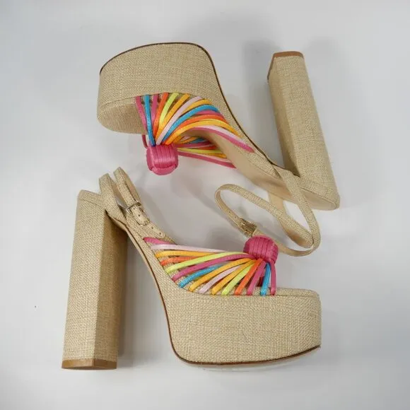 Larroude Valerie Knotted Satin Platform Sandals Sz 8.5 Multi 140MM Heel NEW $330