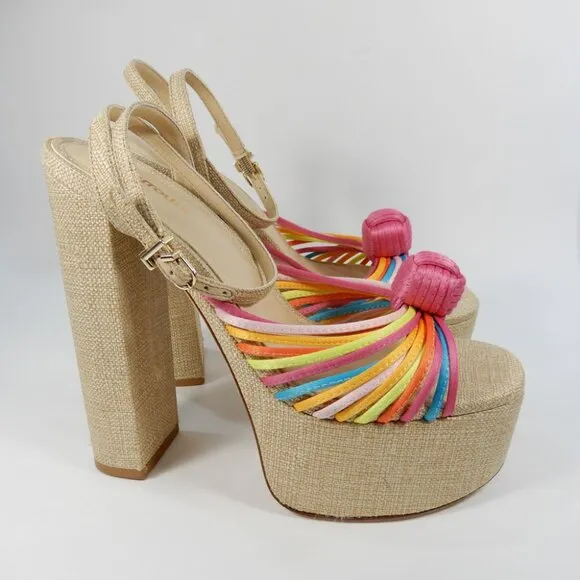 Larroude Valerie Knotted Satin Platform Sandals Sz 8.5 Multi 140MM Heel NEW $330