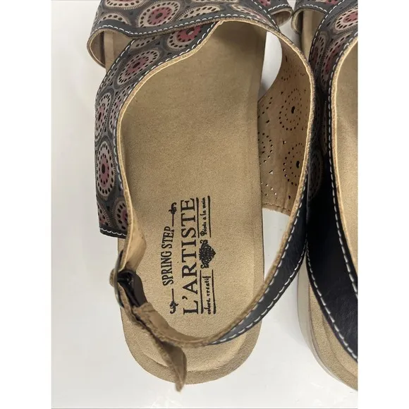 L'Artiste by Spring Step ERICE Black &amp; Multi Leather Wedge Sandal 10.5/41