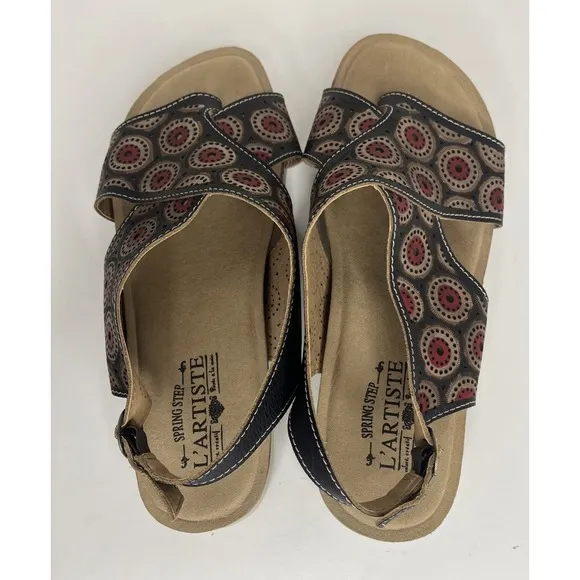 L'Artiste by Spring Step ERICE Black &amp; Multi Leather Wedge Sandal 10.5/41