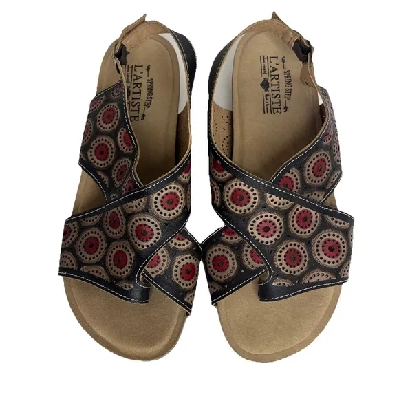 L'Artiste by Spring Step ERICE Black &amp; Multi Leather Wedge Sandal 10.5/41