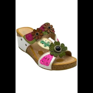 L'Artiste by Spring Step Leather Wedge Sandals Adelanda White Multi - Medium