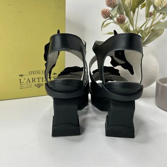 L'artiste Shelly Ankle Strap Floral Leather Sandals Black Women's 37/6.5-7 NWB