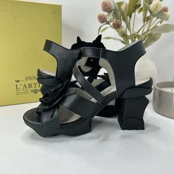 L'artiste Shelly Ankle Strap Floral Leather Sandals Black Women's 37/6.5-7 NWB