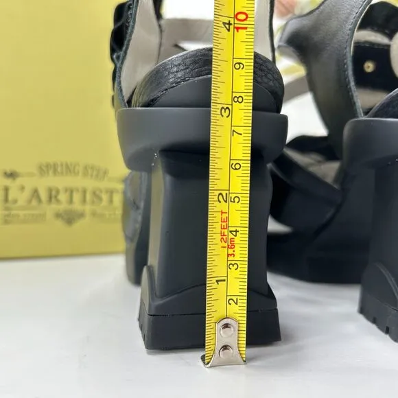 L'artiste Shelly Ankle Strap Floral Leather Sandals Black Women's 37/6.5-7 NWB