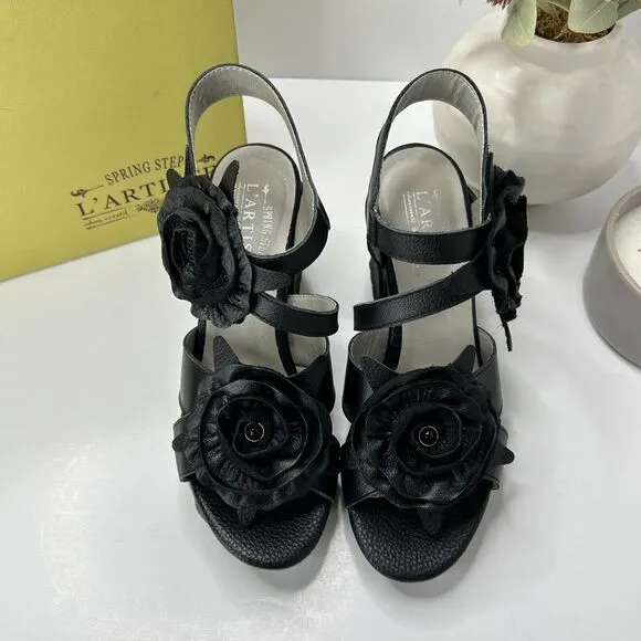 L'artiste Shelly Ankle Strap Floral Leather Sandals Black Women's 37/6.5-7 NWB