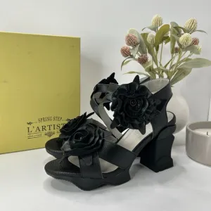 L'artiste Shelly Ankle Strap Floral Leather Sandals Black Women's 37/6.5-7 NWB