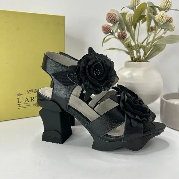 L'artiste Shelly Ankle Strap Floral Leather Sandals Black Women's 37/6.5-7 NWB
