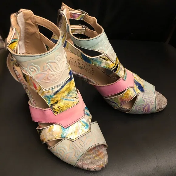 L’Artiste Spring Step Brooke Leather Peep Toe Ankle Bootie Heels 39 (8.5 US)