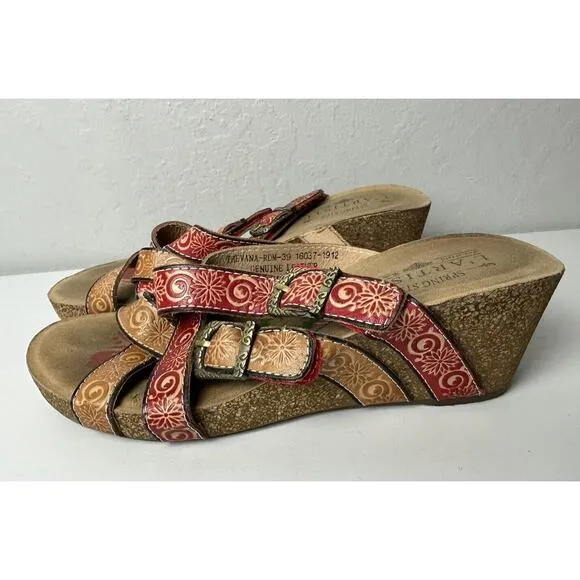 L’ARTISTE Thevana Leather Cork Wedge Sandals Women’s Size 39 US 8.5