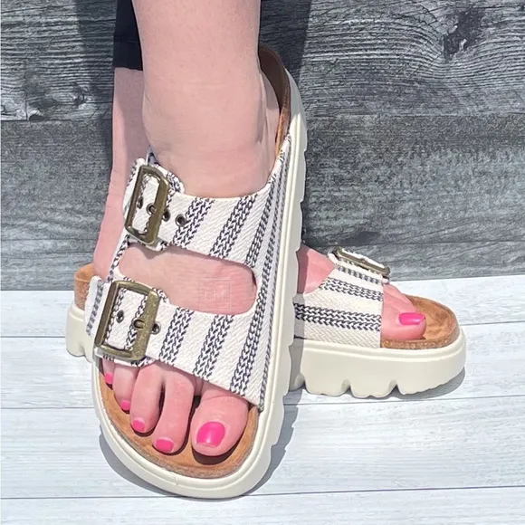 Last 1! Corkys Footwear Rumor Has It Black Natural Stripe Double Strap Sandals