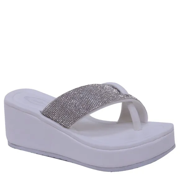 Last Pair! Italina White Silver Rhinestone Embellished Platform Thong Sandal 5.5