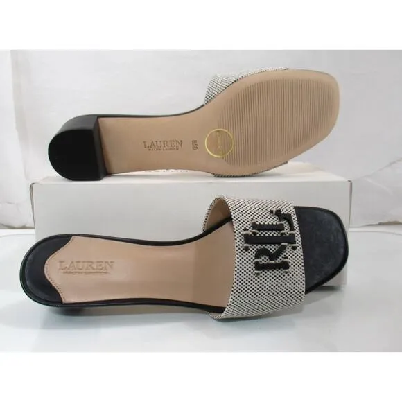 Lauren Ralph Lauren Fay Logo Slide Dress Stacked Heel Sandals Black Size 8.5