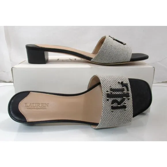 Lauren Ralph Lauren Fay Logo Slide Dress Stacked Heel Sandals Black Size 8.5