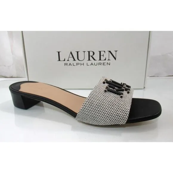 Lauren Ralph Lauren Fay Logo Slide Dress Stacked Heel Sandals Black Size 8.5