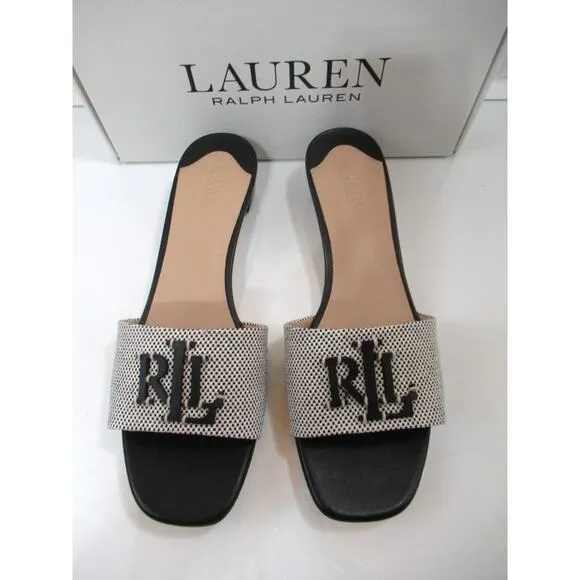 Lauren Ralph Lauren Fay Logo Slide Dress Stacked Heel Sandals Black Size 8.5