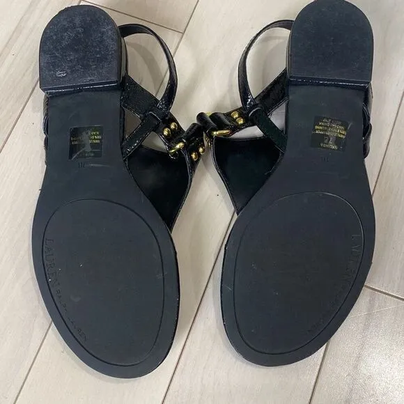 Lauren Ralph Lauren Women's Valinda Patent Leather T-Strap Sandals Black Size 7B
