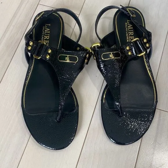 Lauren Ralph Lauren Women's Valinda Patent Leather T-Strap Sandals Black Size 7B