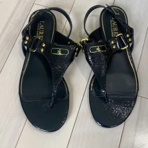 Lauren Ralph Lauren Women's Valinda Patent Leather T-Strap Sandals Black Size 7B
