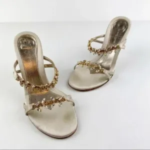L'Autre Chose Cream Rhinestone Embellished Heel Evening Sandals Size 8
