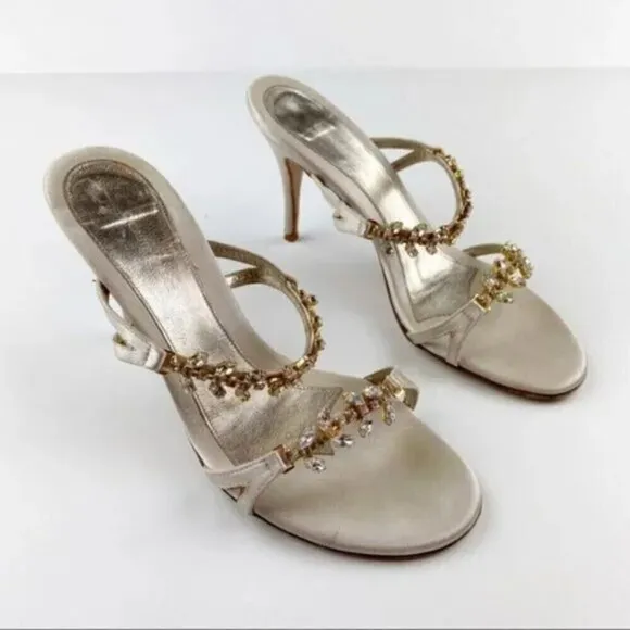 L'Autre Chose Cream Rhinestone Embellished Heel Evening Sandals Size 8