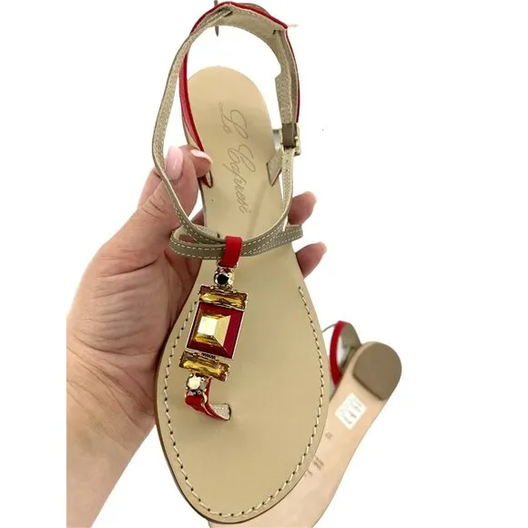 Le Capresi Thong Sandals Jeweled Crystal Rhinestones Red Leather SZ 37 EU 6.5