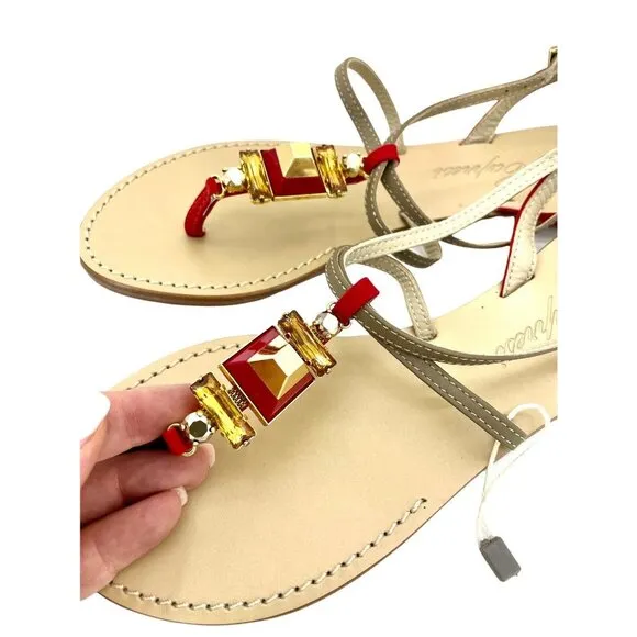 Le Capresi Thong Sandals Jeweled Crystal Rhinestones Red Leather SZ 37 EU 6.5