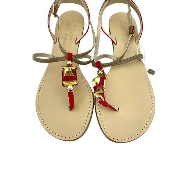 Le Capresi Thong Sandals Jeweled Crystal Rhinestones Red Leather SZ 37 EU 6.5