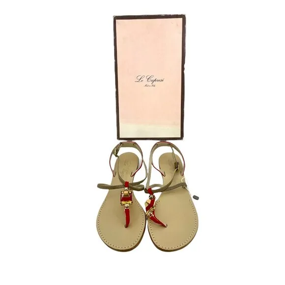Le Capresi Thong Sandals Jeweled Crystal Rhinestones Red Leather SZ 37 EU 6.5