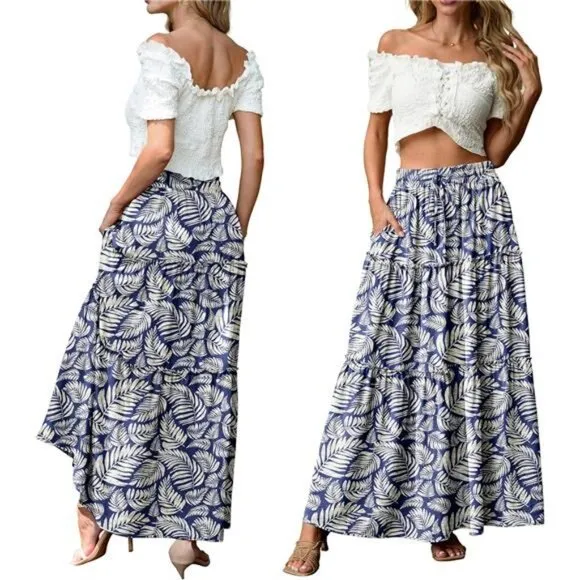 Lepunuo Womens Casual Boho High Waisted Flowy Maxi Skirts Trendy Floral Cute