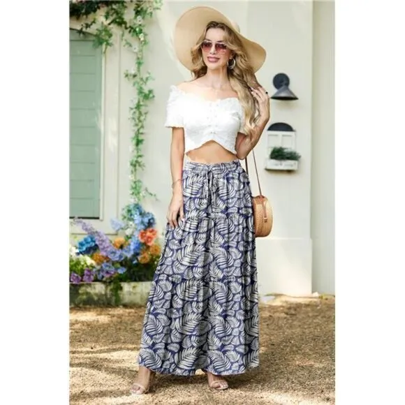 Lepunuo Womens Casual Boho High Waisted Flowy Maxi Skirts Trendy Floral Cute