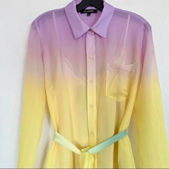 Le Superbe silk Tequila Sunrise Chiffon Midi Dress Pastel Green Pink Size 6