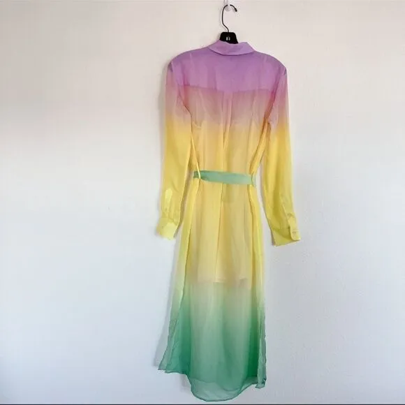 Le Superbe silk Tequila Sunrise Chiffon Midi Dress Pastel Green Pink Size 6