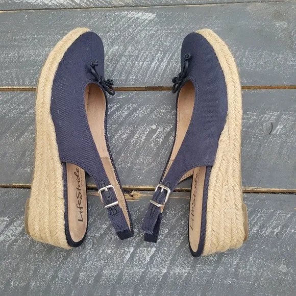 Life Stride Keepsake Women's Espadrille Sandals 8.5W Navy Adjustable‎ Heels New
