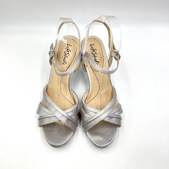 Lifestride Womens Maebree Silver Satin Dress Sandals Heels Shoes 9