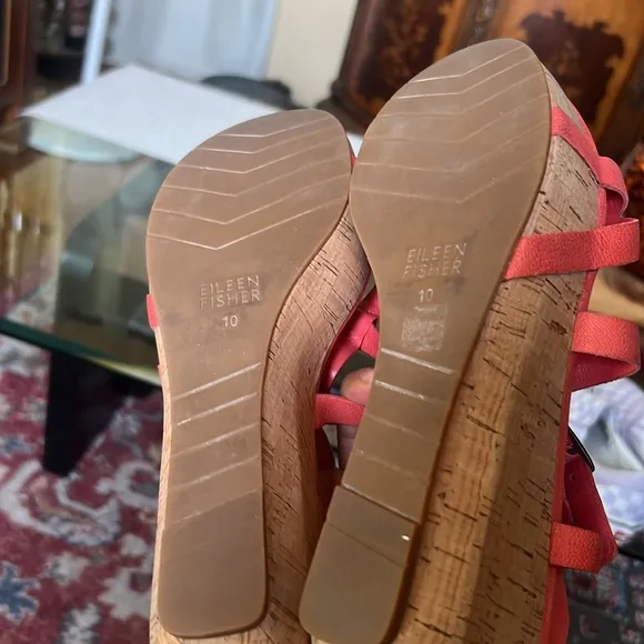 Like new Eileen Fisher leather wedge sandals, size 10 cork platform