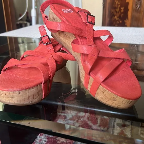Like new Eileen Fisher leather wedge sandals, size 10 cork platform