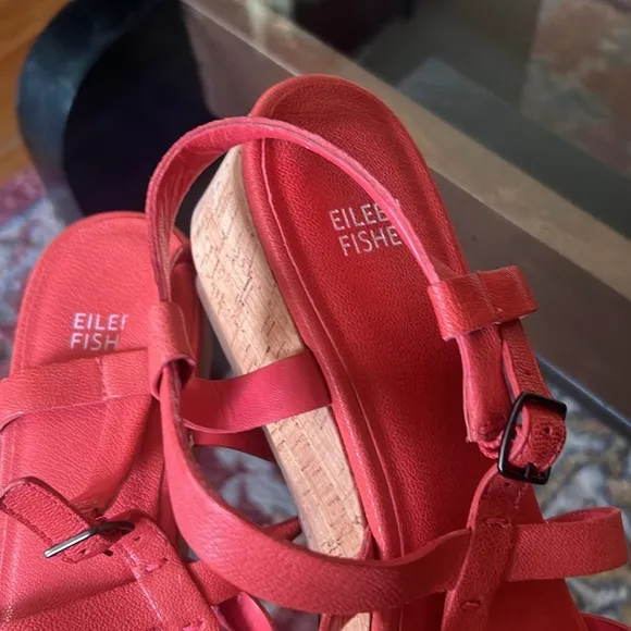 Like new Eileen Fisher leather wedge sandals, size 10 cork platform