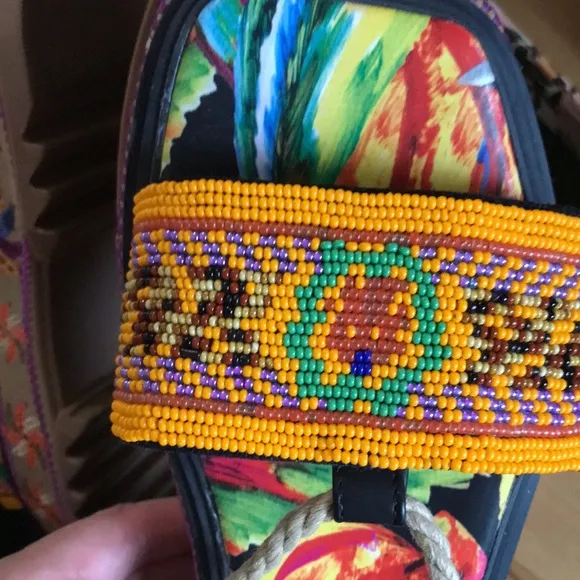 Like New Farm Rio Beaded Bananas Platform Ankle Wrap Sandals 41 (10)