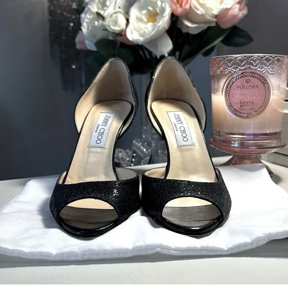 👠Like new Jimmy Choo Black Glitter Accent Pumps/Sandals.  US 7, IT 37.5.