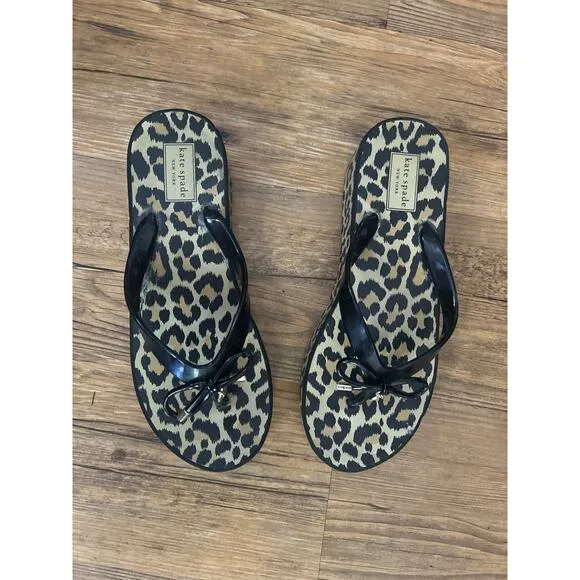 Like new- Kate Spade Rina Leopard Print Bow Accent Wedge Platform Sandals -Sz 8